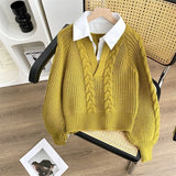Sweater Autumn And Winter Splicing Women's Shirt Wearing Design Sense Of A Small Collar Loose Jasmine Knitted Shirt Two