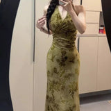 2025 New Retro New Chinese Style V-Neck Hanging Neck Dress Women's Summer Folds To The Waist Of The Hip Dress