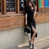 2025 New Summer Elastic Repair Arm Ion With Side Open Fork Long Dress Women's Short-Sleeved T-Shirt Drawer