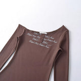 Spice Girls Personality Autumn New Letter Personality Slant Shoulder T-Shirt Collar Short Fashion Long Sleeve Bottom