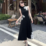 New Chinese Retro Windy Shoulder Lace Splicing Color Dress Female Summer Temperament Waist A-Character Dress