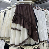 Net Yarn Splicing Irregular Wooden Ear Half-Dress Woman 2025 Spring And Summer New French Temperament A-Character Swing Skirt