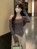 2026 Word Shoulder Hanging Neck Long-Sleeved T-Shirt Woman Autumn New Hot Girl With A Short Bottom Shirt Top