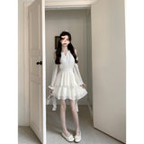 Rib + Zipper French Long-Sleeved Apricot Dress Woman 2025 Autumn New Fairy-Bapped Chiffon Short Skirt