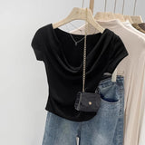 Ins Design Collared Shoulder T-Shirt Women's Short-Sleeved Summer Short-Sleeved Bloat To The Waist Sexy Pure Lust Sympathetic Girl