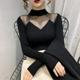 Half-High-Necked Sweater Women's Autumn And Winter New Korean Engraving Lace Mesh Yarn Hollow With Knitted Bottom Shirt Women's Top