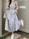 Small Fresh Blue Slings Crum Shatters Floral Dress Women's New Summer French Fresh Skinny Flying Sleeve Long Dress