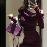 Pure Style Sexy Slanted Shoulder Long-Sleeved Dress Women Autumn And Winter New Design Lace Splicing Body Ass Skirt