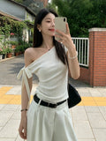 [Original Barbie Bamboo Day Cotton] White Oblique Shoulder T-Shirt Girl Xia Pure Want To Show Thin Hot Girl On The Short Sleeves