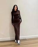 Ins Finger Buckle Solid Color Round-Neck Long-Sleeved Dress Body-Body-Skinny Dress Woman Tide