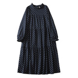 2026 Spring Literature And Art Loose Age Reduction Slim Splicing Long Dress Retro Print Wave Long-Sleeved Dress Woman