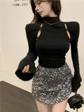 Grey Half-Neck Knitted Jersey Women Autumn Long-Sleeved Hollow Body Tight Open Fork Inside The Design Feel Bottom Top