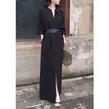 French Elegance Style Solid Color V-Neck Seven-Sleeve Dress Women Autumn With Pocket Open Fork Long Skirt