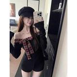 Sexy Hot Tidive Spliced Shoulder Long-Sleeved T-Shirt Girl Spring New Slimming Inside Top Tide