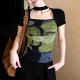 Black-Green Faint Dye Hanging Neck To Receive Waist Repair Slim Thin Short-Sleeved T-Shirt Women 2026 New Summer Design Feel Top