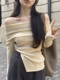 Ins Sexy Hottie Word Shoulder Autumn And Winter Bottom Women's Top Dress Korean Version Of Body-Repair And Bottom Personality Top Lady