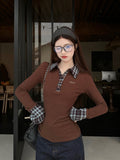 Korean Red Lattice Spliced Long-Sleeved T-Shirts For Girls In Spring And Autumn And Winter Repair Clothes And Fake Two Morning And Autumn Tops