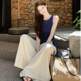 French Casual Suit Summer Pure Sleeveless Irregular Repair T-Shirt Girl + High-Rise Wide Leg Pants Two Sets
