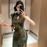 New Chinese Style Retro Sexy Print Improved Cheongsam Dress Women's Summer Style Thousands Of Pack Hip Long Skirts