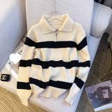Shopping Mall Withdraws The Ribbon 2025 Spring And Autumn Korean Version Of Polo Striped Sweater Women Loose Retro Knitwear Tide