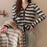 KANING Port Wind Sweet V-Neck Striped Knitted Cardigan Women 2026 Autumn New Ocean Gas Thin Sweater Outside