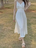 2025 New French First Love White Temperament V-Neck Beach Long Dress Pure Lust Wind Sling Dress Summer Women's Dress