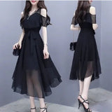 Summer Dress 2025 New Black Chiffon Dress Female Waist Thin Temperament Goddess Fan Summer Light Style Dress