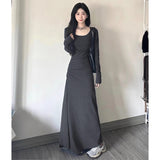 Hepburn-Style Black V-Neck Dress Women's New Korean Atmosphere In The Autumn And Winter 2025 Long Sleeves And Bottom Skirts
