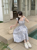 Small Fresh Blue Slings Crum Shatters Floral Dress Women's New Summer French Fresh Skinny Flying Sleeve Long Dress