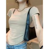 2026 Summer New Pure Windy U Collar Hottie Top Slimming Irregular Short-Sleeved T-Shirt Girl Ins