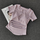 Design Sense Short Sleeve With Chest Cushion Sports T-Shirt Women Running Fitness Elastic External Wearing Thin Top Yoga Suit