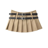Vintage College Style Ultra-Low-Waund 100-Folded Skirt Hottie Double Belt Folding Anti-Light A-Word Super Short Skirt