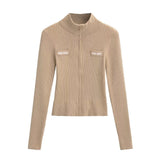 Autumn And Winter Babes Knitted Maillard Pit Zip Half-High Collar Coat Long Sleeves Short Fashion Thin Sweater