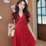 Sweet Red Blisters Bubble Sleeves V-Neck Dress Summer New Gentle Temperament High-Waist Vacation A Long Dress Woman