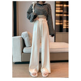 Design Sense Side Pressure Folding Pit Strip Knitted Broad Leg Pants Women Autumn And Winter Thick Hanging Feeling Loose Thin Tug Leisure Pants