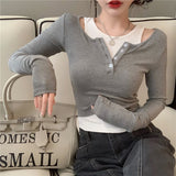 Design Sense Of A Niche Fake Two T-Shirts In Autumn 2025 New Korean Version Slimming Long Sleeve Bottom Shirt Top