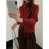 KANING Korean Version Of The Double Zipper Knitted Cardigan 2026 New Solid Color Simple Loose Red Sweater Jacket