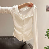 Unique Collar Long-Sleeved T-Shirt Women's Fake Two Wooden Ear Buckle Blouse Early And Autumn Wearing V-Neck Bottom Shirt