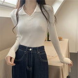 Temperament Vintage Knitted Topess Women's Long Sleeves With A Collared Sweater 2025 Autumn/Winter POLO Collared Shirt