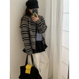 KANING Korean Striped Double Zipper Knitted Cardigan 2026 Autumn New Women's Short Round-Neck Sweater Jacket
