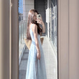 French Blue Gentle Style Square Tie Dress Women 2025 Summer Vacation Style Mesh Long Skirt
