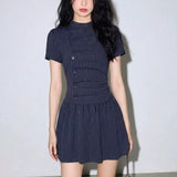 Korean Temperament High-Level Striped Single-D Row Button Dress Women's Summer Waist A Short Skirt