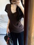 High-End Pure-Hearted Summer Hottie Style Korean Vintage Lazy V-Neck Short-Sleeved T-Shirt Women's Top Popular This Year