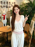 Sweet White V-Neck Short-Sleeved T-Shirt Women's Summer Pink Striped Sling Back