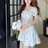 Gentle Wind Blue Mashed Flower Bubble Sleeve Dress Short Sleeve 2025 Summer New French Style Collar Thin Short Skirt Tide