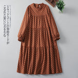 2026 Spring Literature And Art Loose Age Reduction Slim Splicing Long Dress Retro Print Wave Long-Sleeved Dress Woman