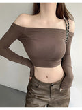 Ins Sexy Babes A Word Shoulder Short-Sleeved T-Shirt Girl Autumn Pure Want To Show Up Shoulder T-Shirt Bottom Thread Top