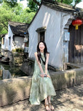 New Chinese Women's Sleeveless Hanging Neck Dress Summer Cold Slack Feeling Wearing Slings Green Broken Flower Dress