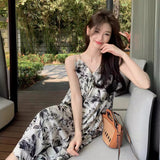 2026 Summer New Tea Break French Sling Dress Women Ink Painting Retro Temperament High-End Long Skirt