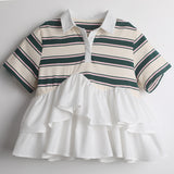 Multiplication Large Quantities Of Summer New Striped Splicing Stand-Up Women's Cotton Short-Sleeved Shirt Clip Cotton Top